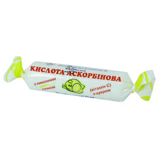 Кислота Аскорбинова Вітамін С з цукром смак лимон таблетки 0.025 г №10